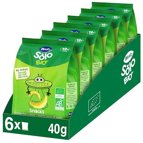 Hero Solo Bio Snacks Guisantes y Maíz Bebé Desde 10 Meses, 6 x 40 g | Snacks ecológicos, No fritos al horno, Sin sal añadida, Ideal merienda infantil, Ingredientes naturales