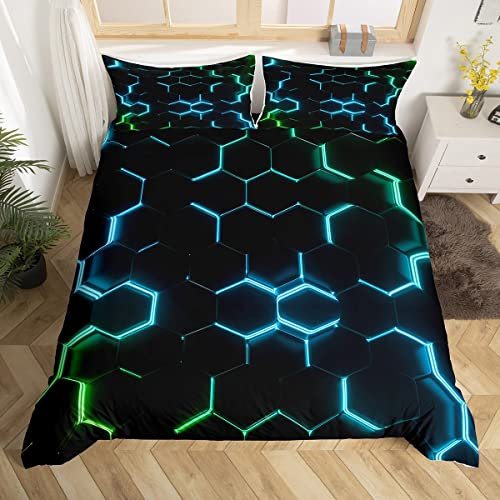 Teal Green and Black Print Duvet Cover Hexagonal Bedding Set Kids Boys Teens Honeycomb Decor Comforter Cover Beehive Geometric Bedspread Cover Bedroom Collection 3Pcs Double Size