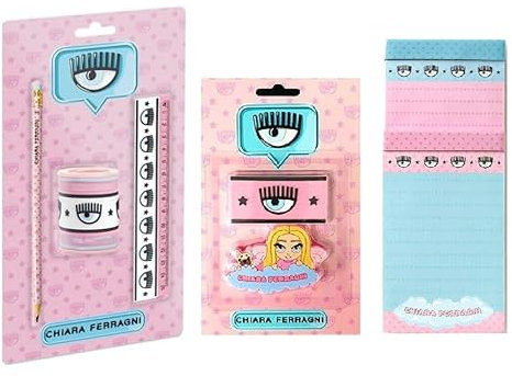 FCP Chiara Ferragni Schulset mit Bleistift + Lineal + Spitzer + 2 Radiergummis und 2 Notizbücher mit mehrfarbigem Duftstift