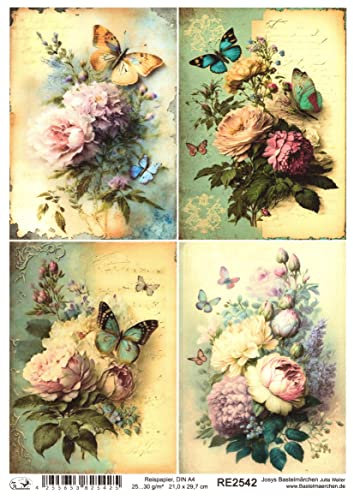 Josys Bastelmärchen Reispapier A4 Strohseide Decoupage Vintage Brief Blumen Schmetterling RE2542