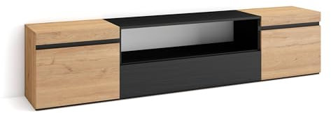 Skraut Home | Mueble TV | Televisión | Muebles de salón, almacenaje | 200x45x35cm | para TV hasta 80 | con Almacenamiento | Estilo Moderno | Roble y Negro