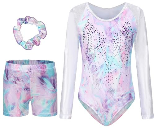 SEAUR Kinder Mädchen Turnanzug Turnshorts Haarband Set Langarm Gymnastikanzug Turnen Trikot Shorts Gymnastik Tanzen Kleidung 5-6 Jahre