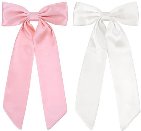 WLLHYF 2 PCS Big Bow Hair Clips Weiche Bowknot Hair Pins Französische Long Tail Hair Barrettes Pferdeschwanz Halter Dias Vintage Headwear Party Hochzeit Haar Zubehör für Frauen Mädchen (Weiß+pink)