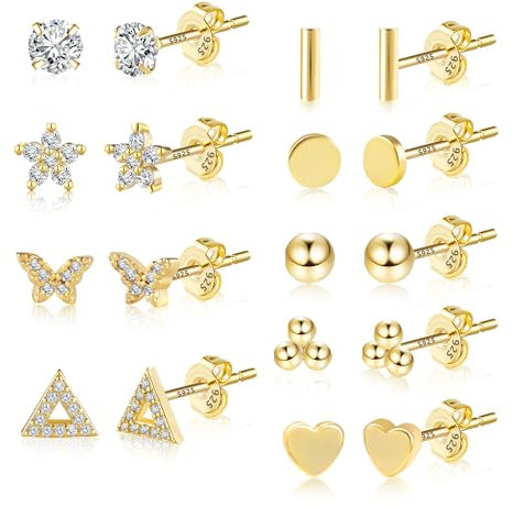 Kleine Gold Ohrstecker - Damen Ohrringe Set, 9 Paar Hypoallergenes Sterlingsilber, 14 Karat Gold Herz, Dreieck, Schmetterling, Blume Ohrstecker Set für mehrere Piercings