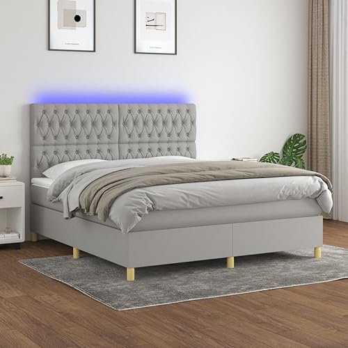 Festnight Boxspringbett 160x200 mit Matratze LED Doppelbett Polsterbett Bett mit Verstellbar Kopfteil Boxspringbetten Stoff Bettgestell mit Lattenroste Bettrahmen Schlafzimmer Hellgrau