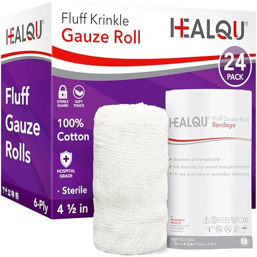 HEALQU Kerlix Type Gauze Bandage Rolls - 4 ½ in x 4.1 Yds, 6 Ply - 24 Single Sterile Pocuhes - Extra Absorbency, Latex Free, Hospital Grade Cotton Krinkle Fluff Bandage Wrap - Wound Care & First Aid