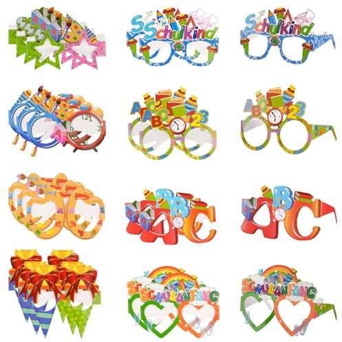 24 Stück Schulanfang Brille Set, Bunt Deko Party Brillen, Schulanfang Brille für Kinder, Schulkind Brille, Einschulung Schuleinführung Partybrillen, für Schulanfang Deko usw.