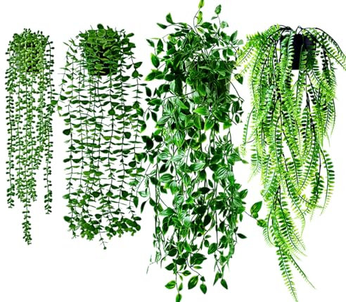 Bafenli 4 Pezzi Pianta Artificiali Cadente con Vaso, Plastica Edera Pianta Finta da Appendere per Casa Camera Parete Scaffale Bagno Ufficio Interni Esterno Decorazione