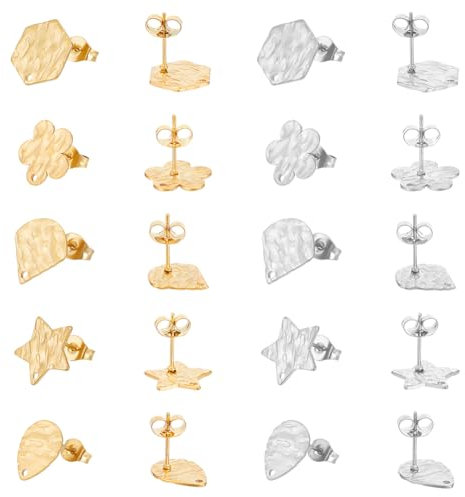 UNICRAFTALE 20pcs 2 couleurs 5 styles Clou Boucles D'Oreilles Acier Inoxydable Hexagone en Forme de Larme Étoile Fleur pour la Fabrication de Bijoux Tiges de Boucles D'Oreilles Texturées pour Bijoux