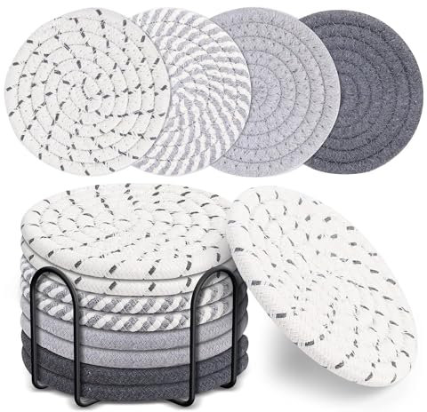 Youery Untersetzer für Getränke, 8 Stück Handgemachte Untersetzer Gläser mit Halter, Runde Glasuntersetzer aus Baumwolle, Geflochtenes Dickes Coasters, Sommerdeko, Tischdeko (Grau)