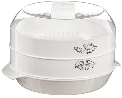 Vaporera para microondas color blanca de plastico libre de BPA con Capacidad de 2,4 litros, en 4 piezas.