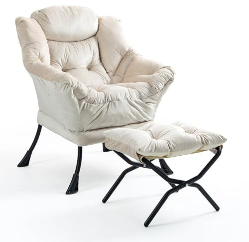 TIANSHU Samt Sessel mit Hocker, Relaxsessel mit Nackenstütze und Seitentaschen, Metallbeine, Sandfarben, Wohnzimmer, Schlafzimmer, Balkon