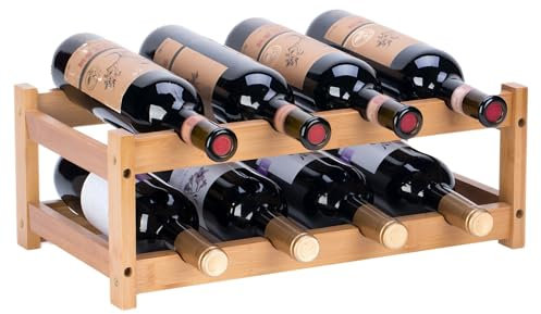 YunNasi Range Bouteille Vin, Porte Bouteilles en Bambou, Casier à Vin de Naturel pour Comptoir, Étagère de Présentation de Vin pour La Cuisine, Bar, Cave (2 Tiers-8 Bouteilles)
