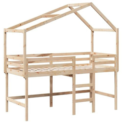 vidaXL Hochbett, Kinderbett mit Leiter Dach Sicherheitsgeländer, Spielbett für Kinderzimmer, Bett Holzbett Einzelbett, 90x190cm Massivholz Kiefer