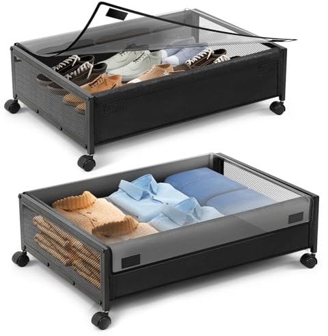 BTGGG 2 Pack Under Bed Storage Box with Lid and Wheels, Foldable Metal Underbed Storage Under Bed Shoe Storage with Sturdy Metal Support on Wheels, Large Clothes Storage Box for Clothes Blanket Books