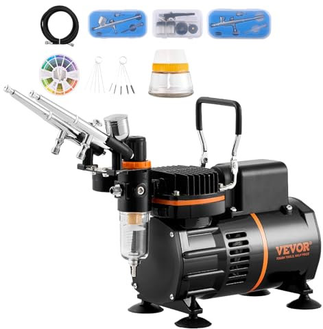 VEVOR Kit Aerografo, Compressore d'Aria a Doppia Ventola Kit Sistema di Aerografia Professionale con 3 Aerografi, Supporto, Ruota di Miscelazione Colori, Set di Pennelli, per Tatuaggi, Trucchi, Torte