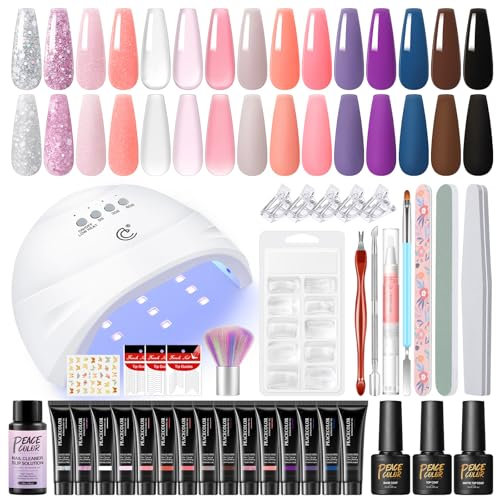 PEACECOLOR Poly Nagel Starterset Gel mit UV Nagellampe, 15 Farben Poly Nagel Build Transparent Weiß Rosa und Base Coat Top coat Poly Building Extension Maniküre Set DIY at Home