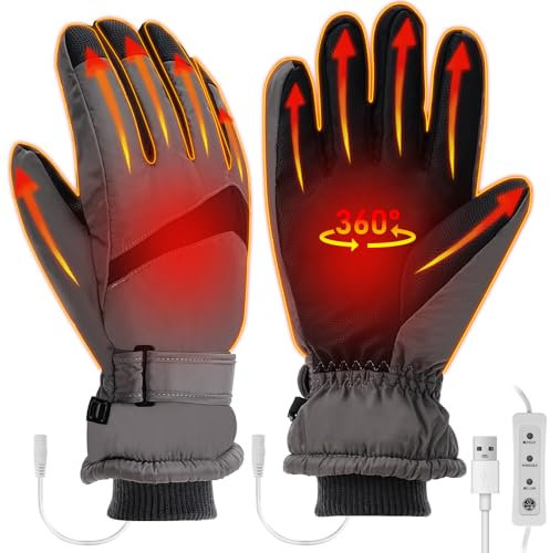 USB beheizte Handschuhe für Männer Frauen, Bestcool Winter Vollfinger beheizte Ski Handschuhe Touchscreen Handschuhe Wasserdicht & Winddicht Thermohandschuhe für Radfahren Laufen Klettern Wandern,Grau