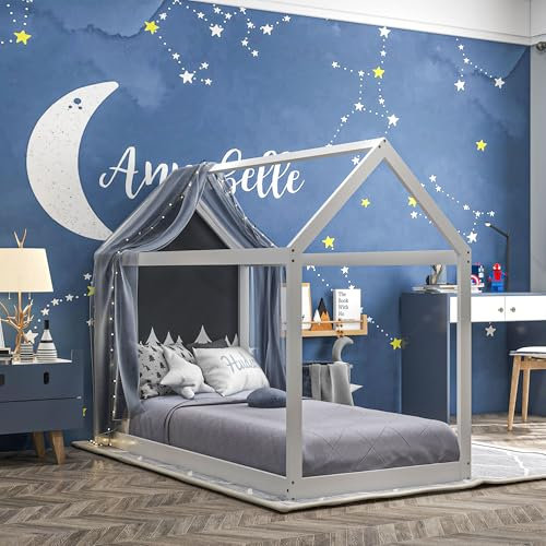 HOMCOM Cama Individual 90x190 cm Estructura de Cama Somier de Madera en Forma de Casa Carga 120 kg para Dormitorio Blanco