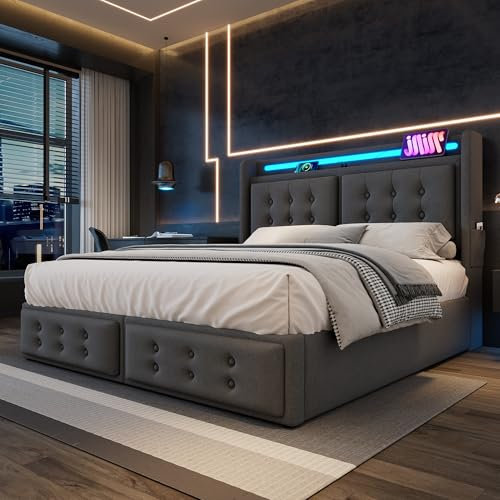 Zepneiy Lit Double avec Sommier LED et USB C, Coffre de Rangement et Tête de Lit, Rembourré avec Cadre 180x200 (sans Matelas)