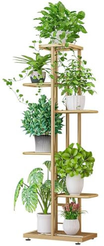 Creperture Support pour Plantes en Métal, 6 Étages 7 pots Étagère de Présentation, Peut Supporter jusqu'à 7 kg, Angle de Plante Escalier Décoration pour l'intérieur, le Jardin, le Balcon, Doré