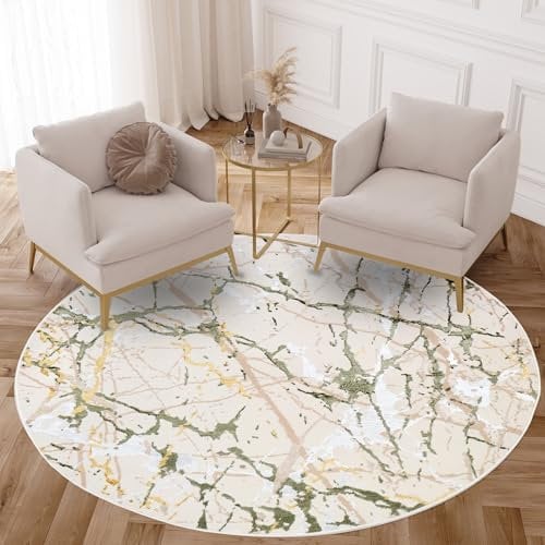 TAPISO Crystal Rund Teppich Kurzflor Glänzend Hellgrün Gold Creme Weiß Marmor Verwischt 3D Effekt Wohnzimmer Schlafzimmer Modern Design ÖKO-TEX 200 x 200 cm