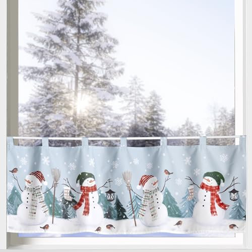 heimtexland ® Scheibengardine Weihnachten Fensterdeko Weihnachtsgardine Bedruckt Deko Gardine Satin Blickdicht 45x120 Winter Typ651 Schneemann Petrol