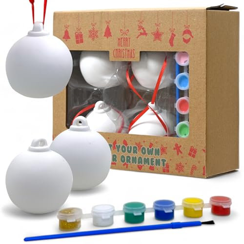 MIJOMA Juego de adornos para árbol de Navidad, decoración navideña para personalizar y pintar, 6 colores y 1 pincel, figuras navideñas, juego de manualidades para niños y adultos (4 bolas de Navidad)