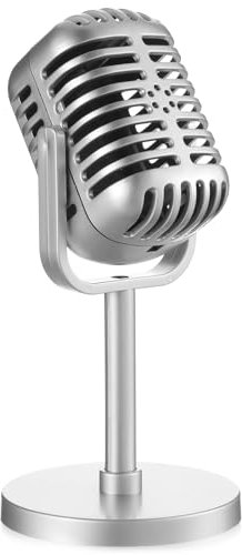 Classic Retro Microphone Prop Halloween Vintage Style Microphone Model with Stand Antique Microphone Decor Fake Microphone Speech Party Toy for Rocker Look Christmas Costume Parties (Silver)