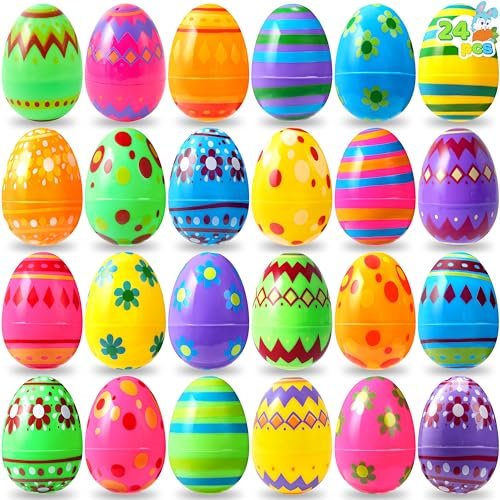 JOYIN 24 Stück 3,15 Zoll bedruckte Ostereier, leere Ostereier zum Befüllen, bunte Plastikeier in großen Mengen für die Osterjagd, Korbfüller, Preiszubehör für das Klassenzimmer