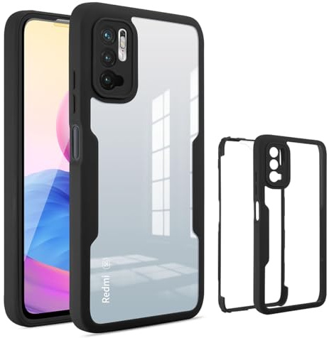 UPLAI Transparente Funda para Xiaomi Redmi Note 10 5G/Poco M3 Pro 5G, 360° Grado Militar Antigolpes Carcasa Protector de Pantalla Incorporado, Ultradelgado PC + TPU Estuche Caso. Negro