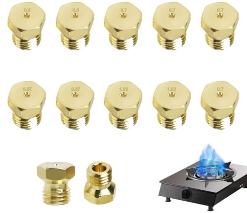 10 Pièces Gicleurs pour Gaz Butane, Gicleur Gaz Bouteille Adaptés aux Plaques de Cuisson GPL, Comprend Injecteurs en Laiton de Tailles Diverses pour Conversion Gaz Naturel 0,5cm, 0,7cm, 0,87cm, 1,02cm