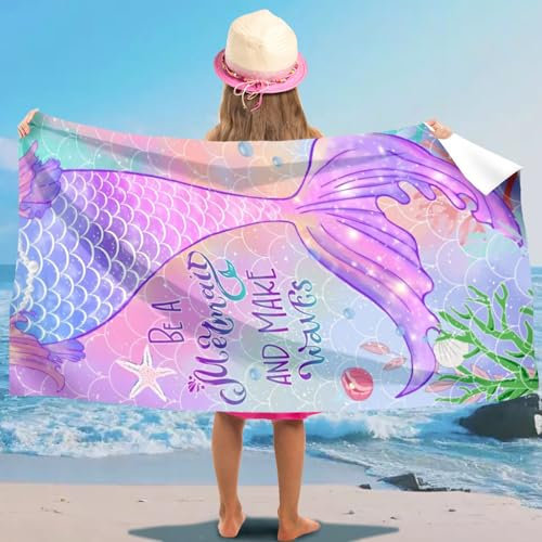 AUNGKWANG Meerjungfrau Strandtuch für Kinder, 75x150 cm Strandhandtuch für Mädchen, Mikrofaser Strandtuch, Ultra Saugfähig, Schnell Trocknend Badetuch, für Strand Reise Schwimmen (Lila)