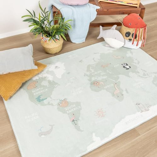 Little Olly Kinderteppich - Globe Mint 140x200cm - - Kinderzimmer, Babyzimmer - Jungen - Mädchen - Rug