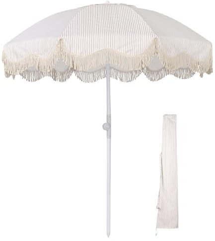 LAGarden Ocean Parasol de terrasse inclinable à franges de 1,8 m, style victorien, 8 baleines, petit parasol de plage pour le sable avec pompon plus lourd, sac de transport, cour, pique-nique, jardin