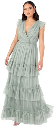 Anaya with Love Women's Maxi Dress Ladies Short Sleeve V-Neck Wrap Tiered Ruffle Tulle A-Line Wedding Guest Bridesmaid Prom Ball Gown Dress Femme (Lot de 1)