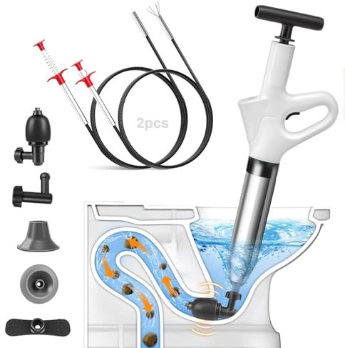 Pompa Stura Scarichi a Pressione, Stura WC con Barometro, Stura Lavandini e Scarichi con 3 Teste di Pistone e Gonfiatore, Sonda Sturatubi per WC, Lavandino, Vasca da Bagno