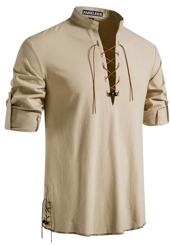 PARKLEES Herren Renaissance Kostüme Retro Lace Up Langarm Shirts für Piraten Wikinger Mittelalter, Leder, Khaki, L