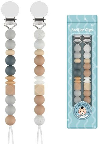 Yolnkos Schnullerkette Junge mädchen Silikon Schnuller Clips Dummy Halter Schnullerketten für Babydusche 2 Stück(Beige,Grau)