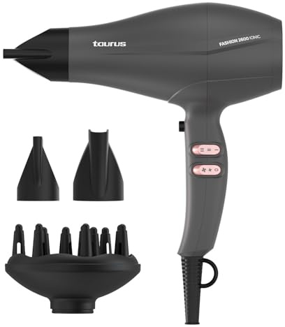 Taurus – Haartrockner Fashion 2600 Ionic, 2600W, 6 Geschwindigkeits-/Temperaturstufen, AC-Motor, Ionic Care, Kaltlufttaste, Zubehör: Präzisionsdüse, Breitdüse, Diffusor, Schwarz