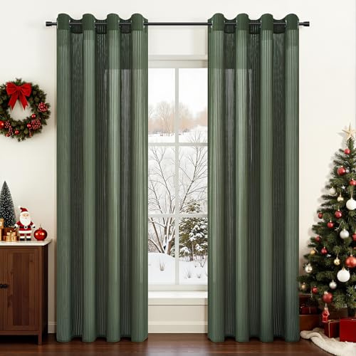 Topfinel Sheer Curtain 2er Set Schlafzimmer Vorhänge mit Ösen Vorhang Mit Vertikalem Streifenmuster Transparent Voile Stores Gardinen Wohnzimmer Modern 140x225cm Grün