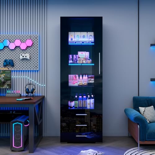 Zubaliya Vitrine Noire Brillante, vitrine en Verre, vitrine sur Pied avec éclairage LED, vitrine Verticale avec 3 tiroirs, 60 * 35 * 180cm