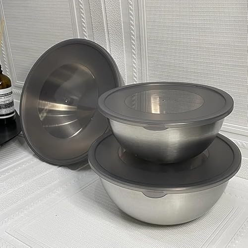 Micvtve Mixing Bowl Set of 3, Stainless Steel Nesting Salad Bowl with Airtight Transparent Lid, Mixing Bowls for Baking, Salad Bowl for Kitchen Mixing, Serving, Baking & Food Storage, 17/19/21cm