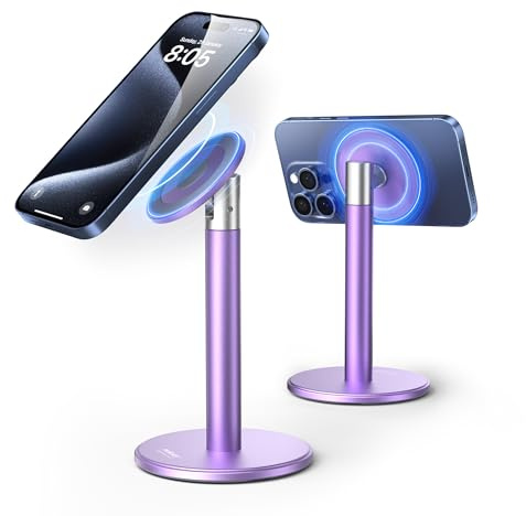 Nulaxy Aluminum Magnetic Phone Stand, 720° Rotating Adjustable Holder, Compatible with iPhone13-16/Android & MagSafe Cases, Includes Metal Ring, Desktop Stand for Office/Home Use, Purple