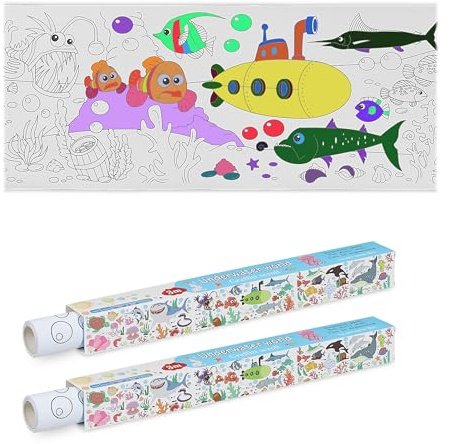 Relaxdays Colouring Paper Roll for Kids, Set of 2, 3 m, Self-Adhesive, Sea Life, Drawing Sheet, Table Cover, White