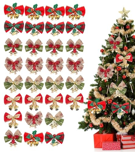 30 Stück Weihnachtsschleifen mit Glöckchen Christbaumschleifen Deko Mini Kranz Taschentuch Schleifen Deko zum Aufhängen Schleife hängende Ornamente für Weihnachten (Rot, Grün und Gold)