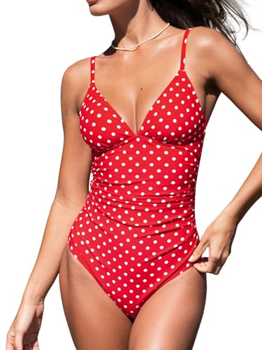 CUPSHE Damen Badeanzug Triangel V Ausschnitt Bauchweg Raffungen Einteilige | Verstellbare Spaghetti-Träger, weiche, abnehmbare Körbchen, bescheidener Badeanzug für Urlaub und Strand, Poolseite