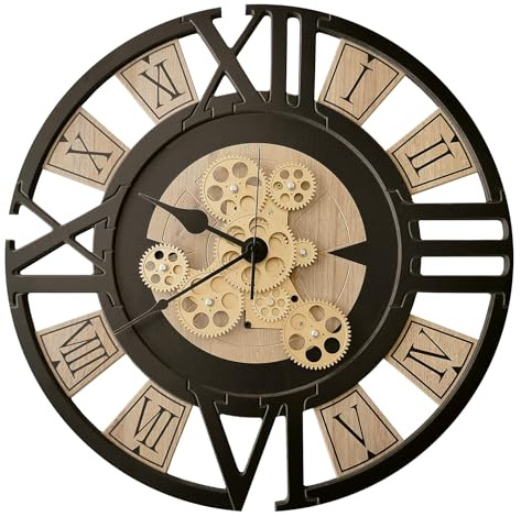 STYLER Wanduhr Archie 57 cm | XXL 3D-Uhr mit beweglichem Mechanismus – Lautlose Wanduhr aus Holz & Metall – Industrial Vintage Design | Wohnzimmer Büro Schlafzimmer Flur | Made in EU