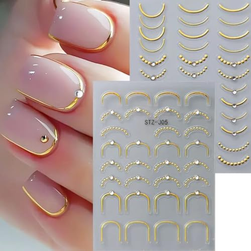 2 Pieces French Line Nail Art Stickers 5D Embossed Nail Stickers with Rhinestones Golden French Stripes Nail Glue Y2K Wave French Curve Manicure Stickers