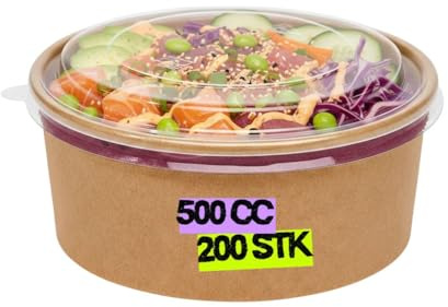 Inoverse Lot de 200 saladiers avec couvercle 500 ml | Saladiers ronds jetables en carton marron pour aliments chauds et froids, déjeuner, pique-nique et fêtes